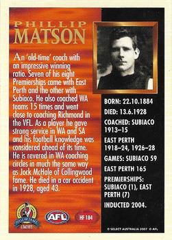 2007 Select AFL Supreme - Hall of Fame Series 3 #HF184 Phillip Matson Back